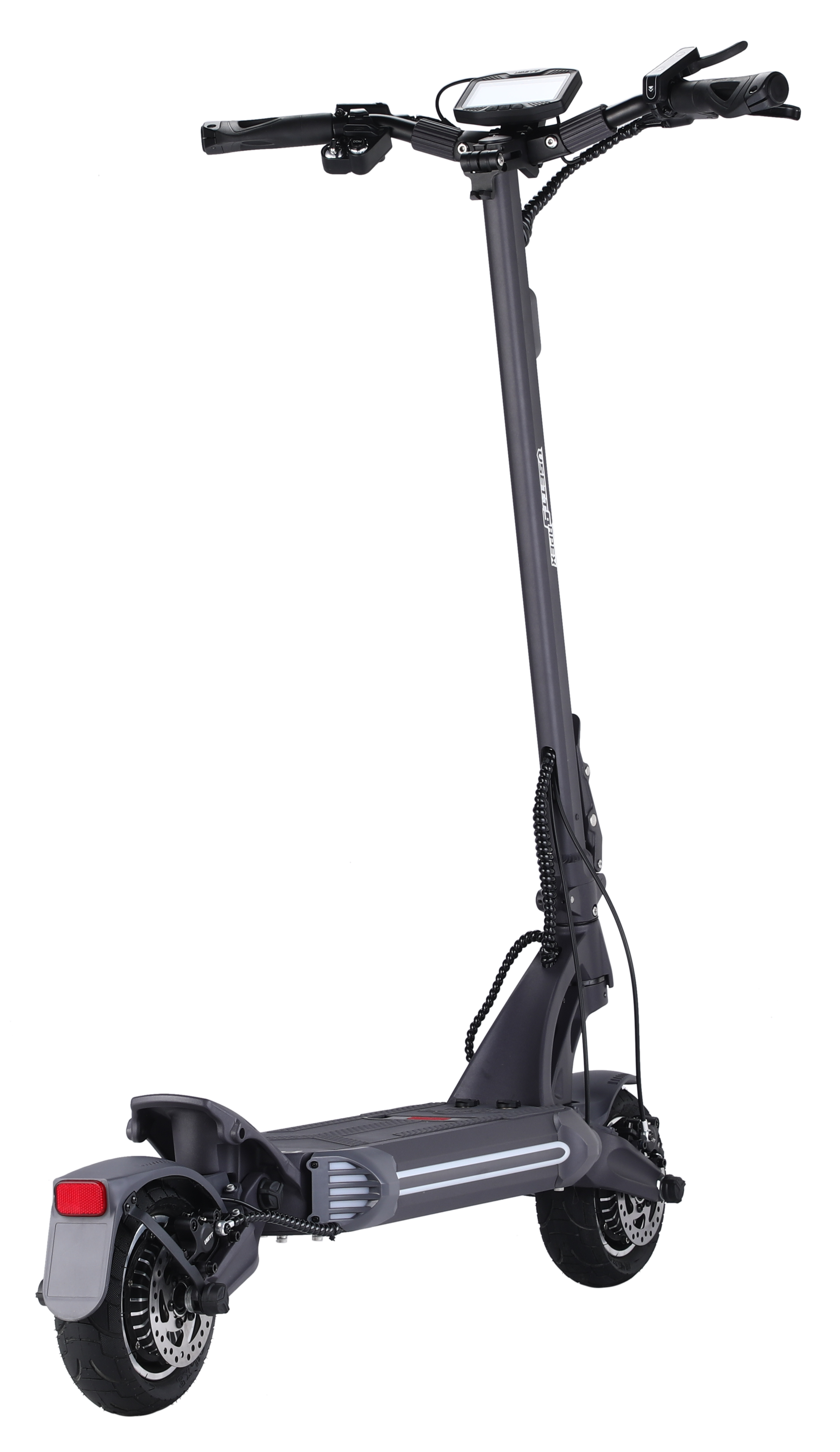 Ekranlı ve gidonlu gri elektrikli scooter.
