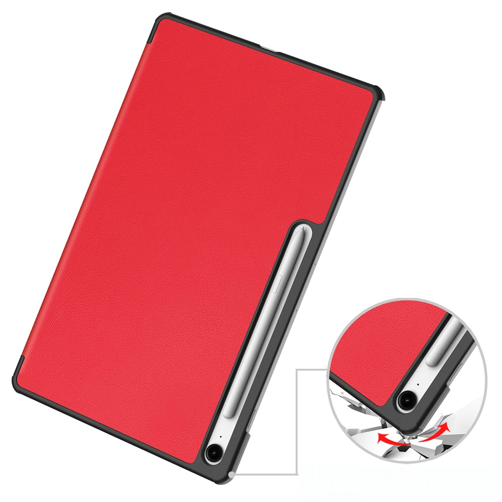 Rote Tablet-Hülle mit Stiftehalter, Nahaufnahme der Ecke mit Fallschutz.