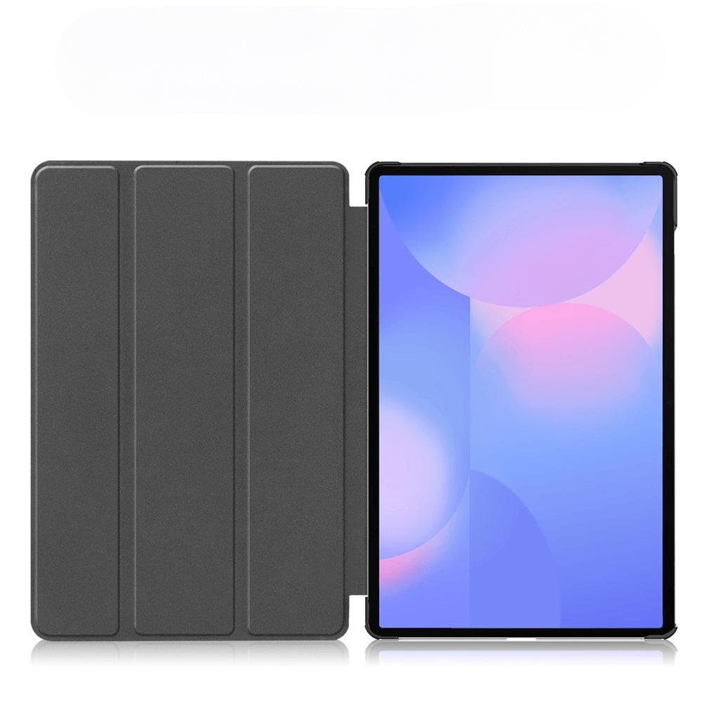 Ein dunkler Tablet-Ständer mit einem geöffneten Tablet mit blauem und rosa Hintergrund.