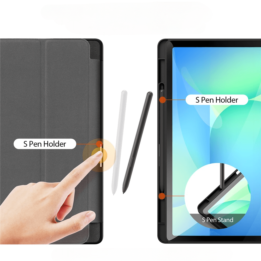 Ein Tablet mit S Pen Halter und Ständer. Ein Finger berührt das Gehäuse.