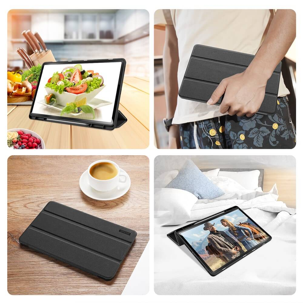 Vier Bilder zeigen ein Tablet mit Hülle in verschiedenen Szenarien: Küche, Person, Kaffee, Bett.