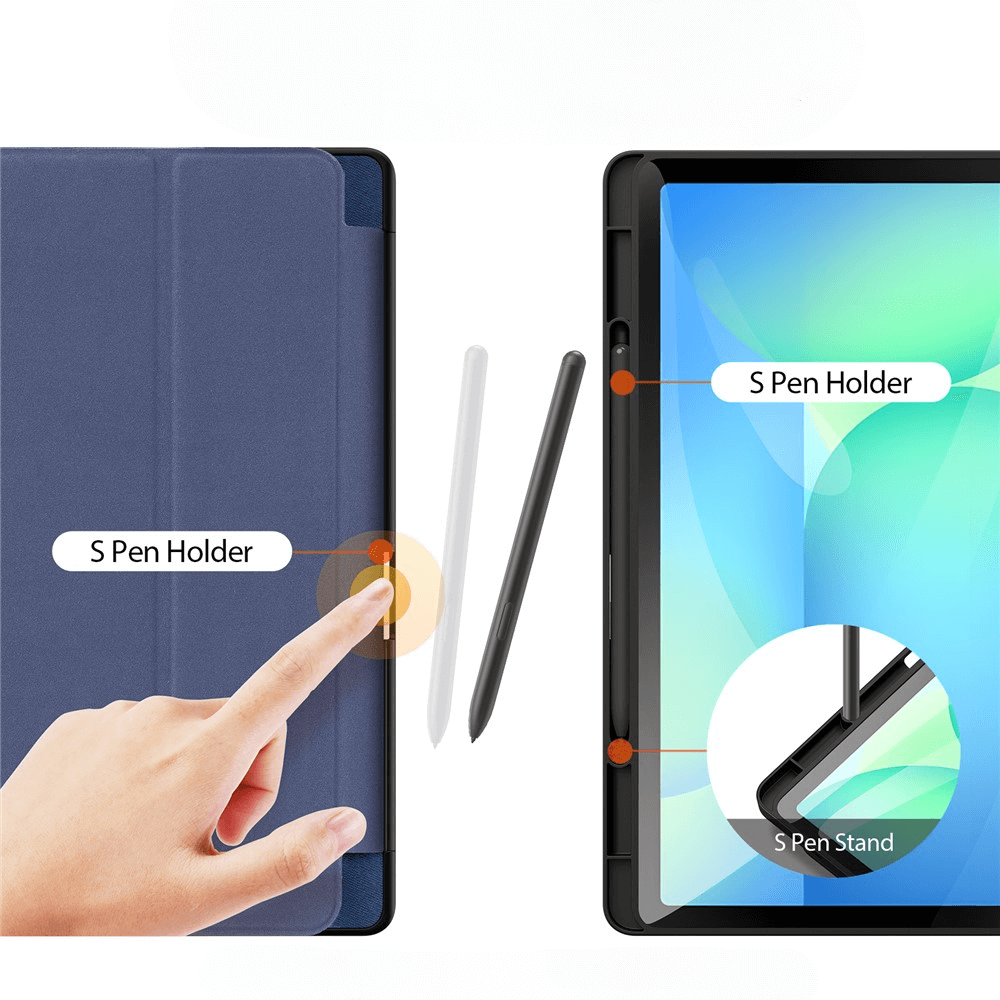Blauer Tablet-Schutz mit Stifthalter und Ständer. Finger zeigt auf Stifthalter.