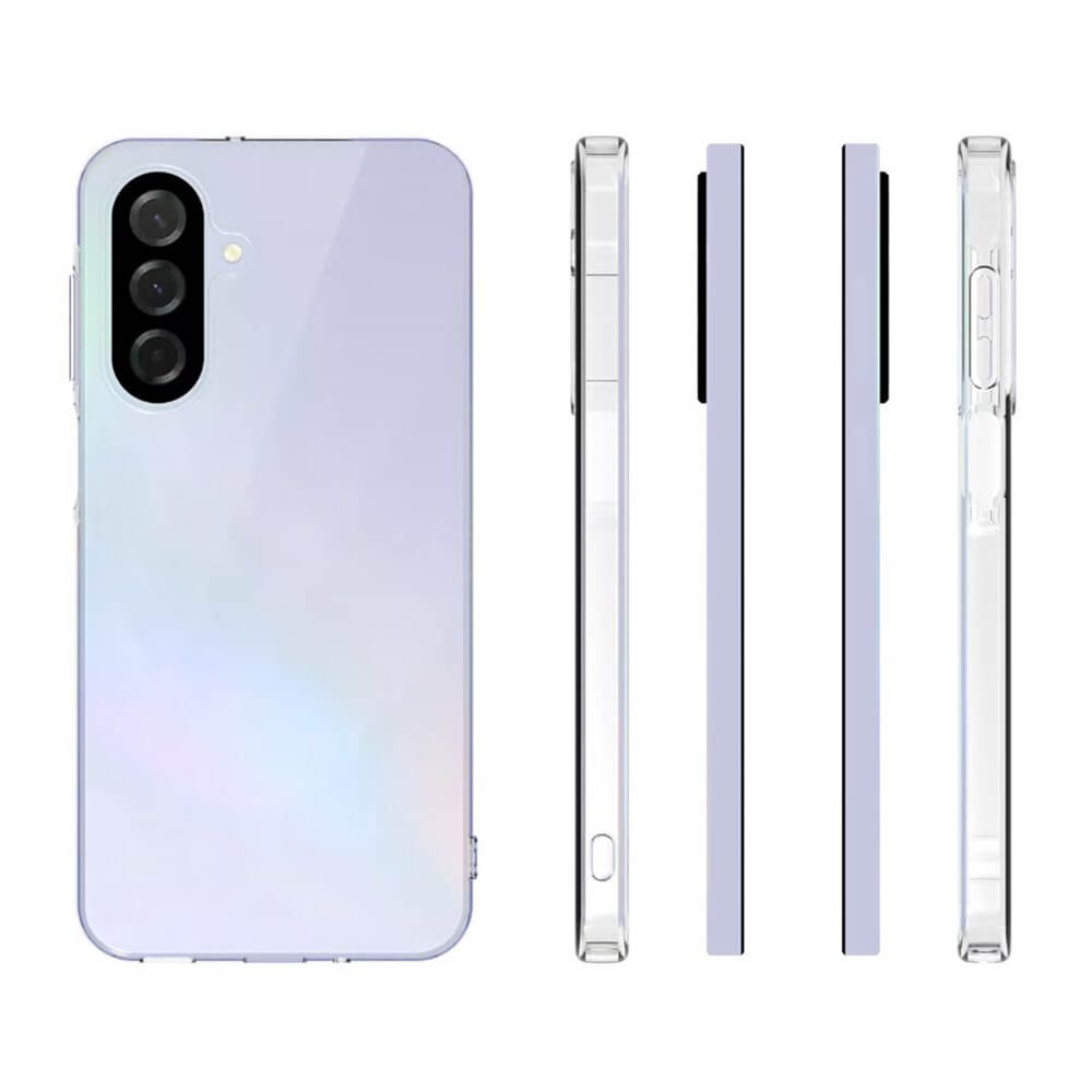 Un set di custodie trasparenti viola per telefono mostrato su sfondo bianco.