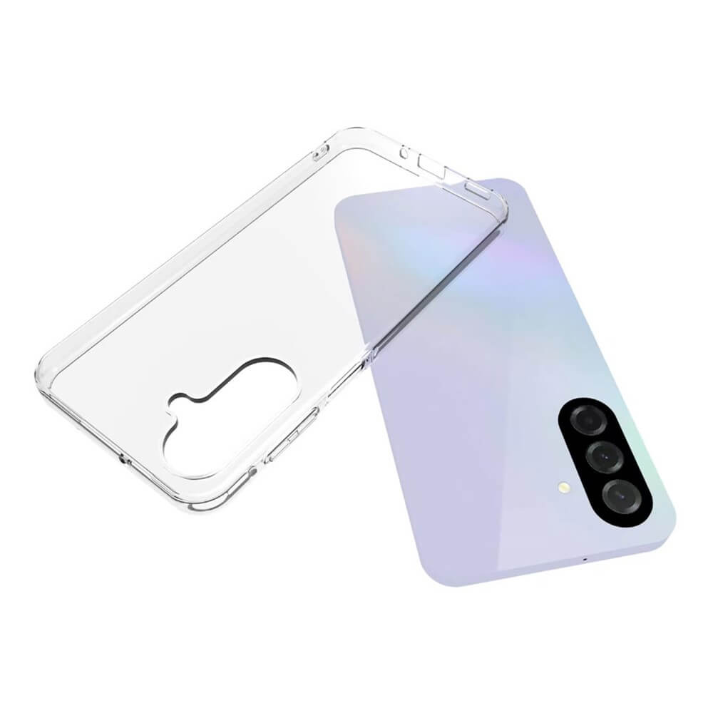 Una cover trasparente per telefono su uno smartphone viola. Il telefono ha una tripla fotocamera.