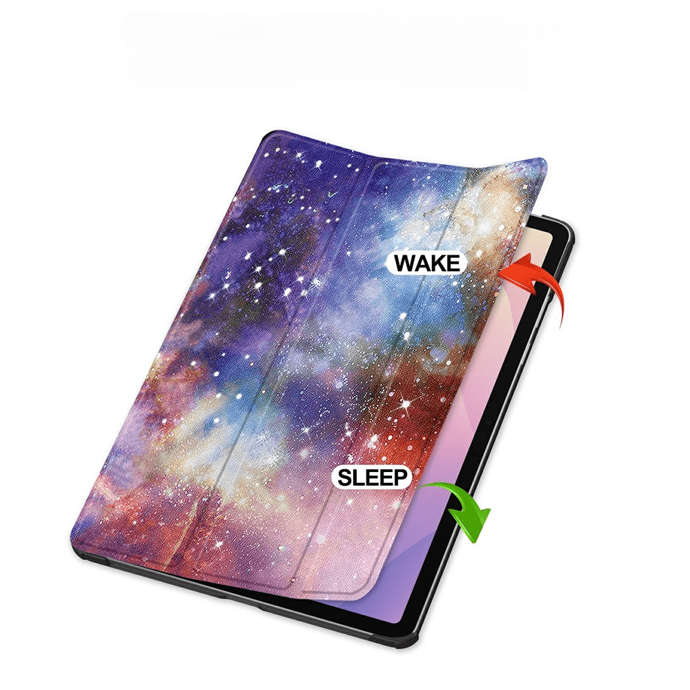 Tablet-Hülle mit Galaxiemuster, das den Weck- und Schlafmodus zeigt.