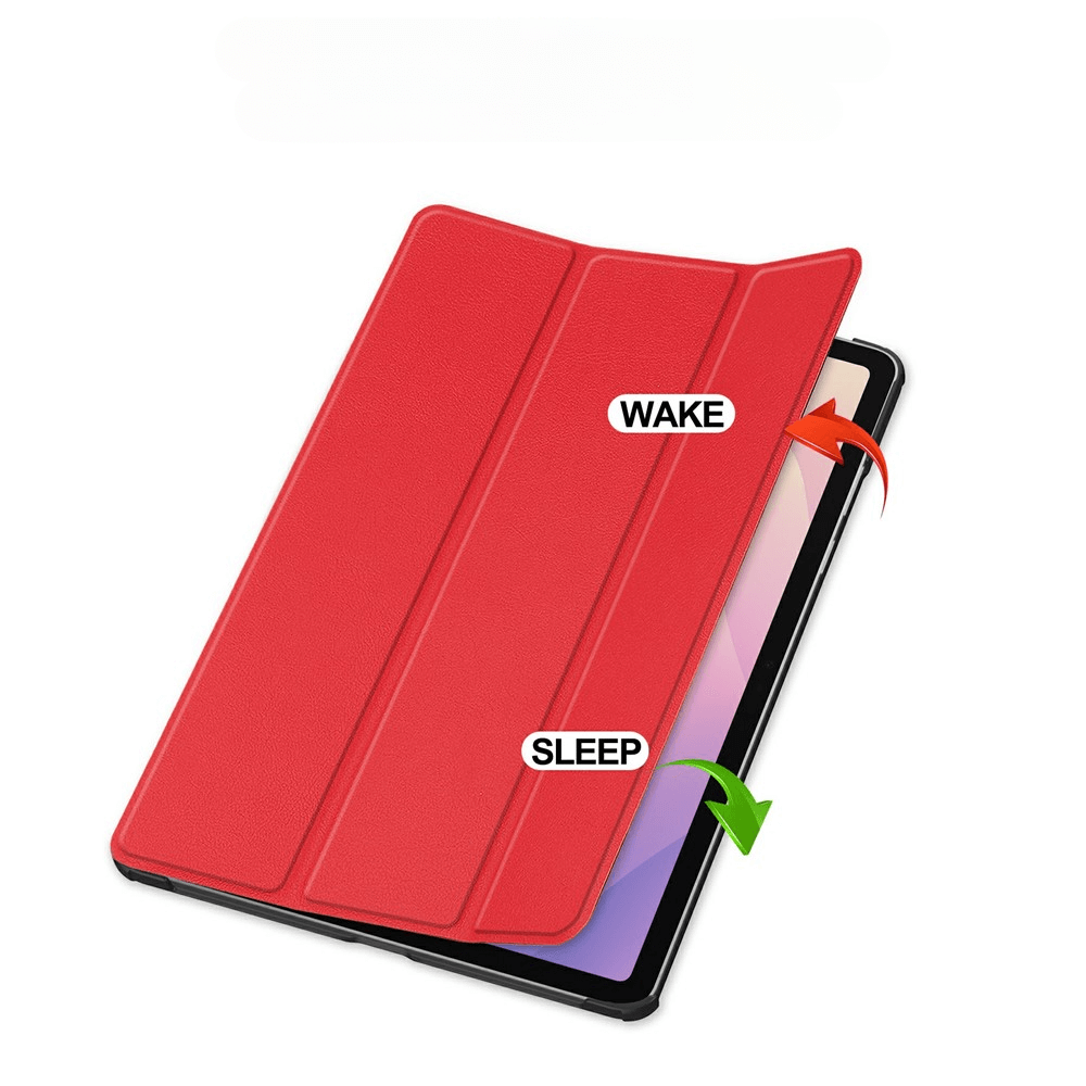 Roter Tablet-Ständer im aufgeschlagenen Zustand, mit Pfeilen, die Wachen und Schlafen anzeigen.