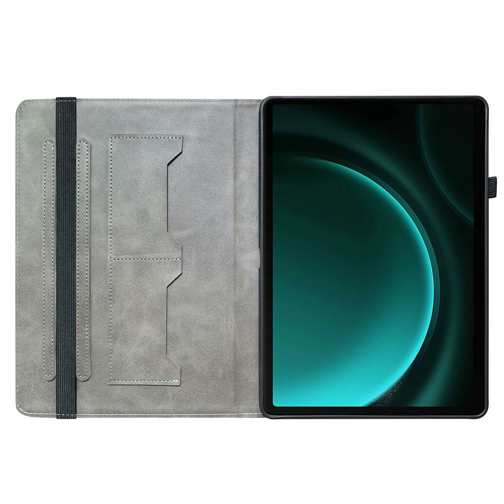 Graue Tablet-Hülle mit Einschubfächern und einem Tablet mit grünem Hintergrund.