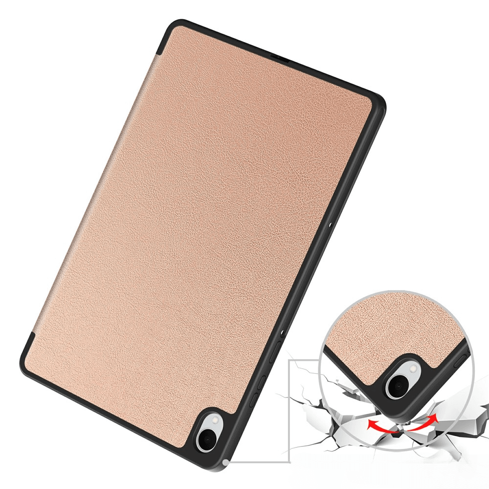 Roségoldene Tablet-Hülle mit schwarzem Rand, zeigt Sturzschutzfunktion.