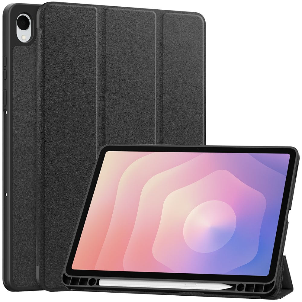 Ein schwarzes Tablet mit einem stilisierten Hintergrund und einem Stift im Gehäuse.