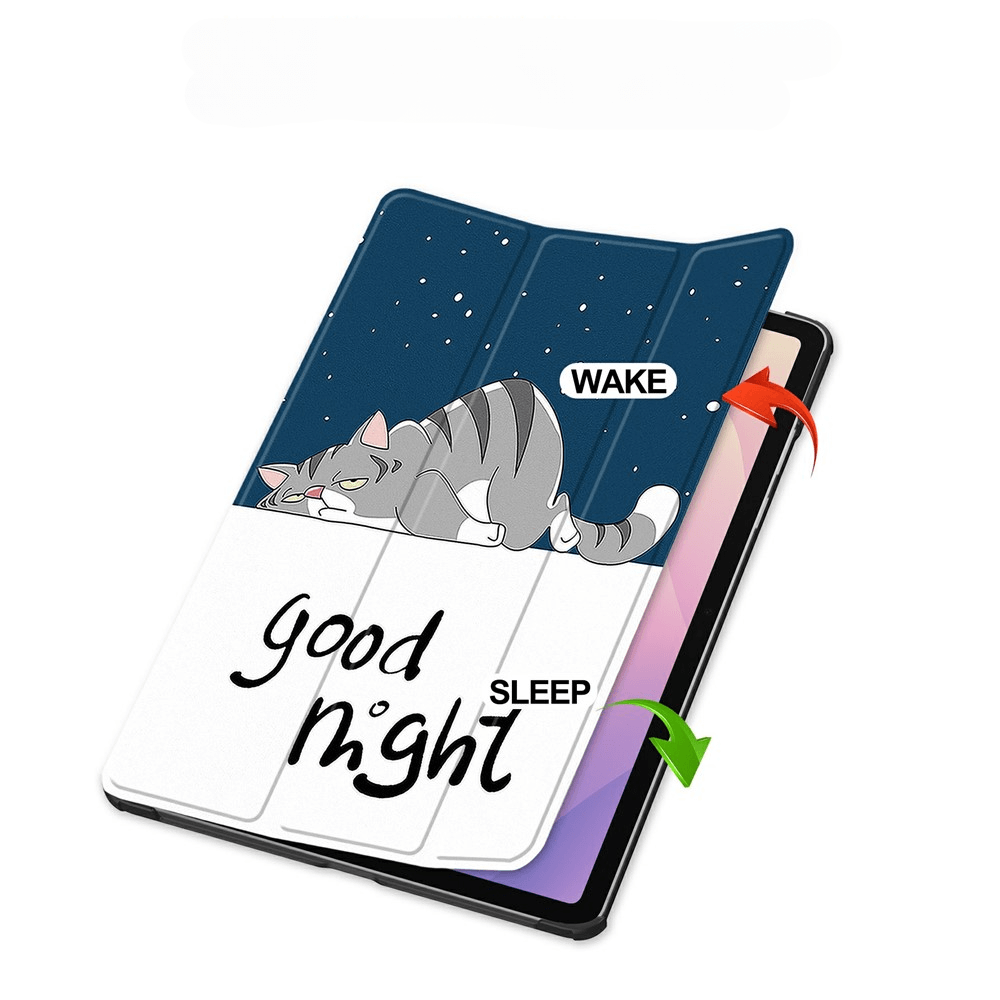 Eine Tablet-Hülle mit einem schlafenden grauen Kater und den Worten „Good Night“.