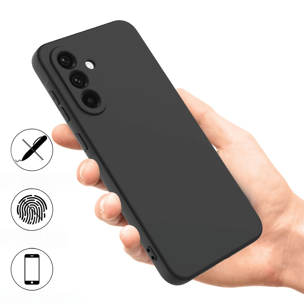 Una mano tiene una cover nera per telefono. Icone: no penna, impronta, telefono.