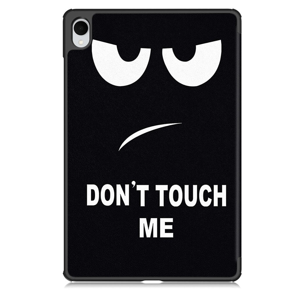 Schwarzes Tablet mit "DON'T TOUCH ME" Aufdruck und wütendem Gesicht.