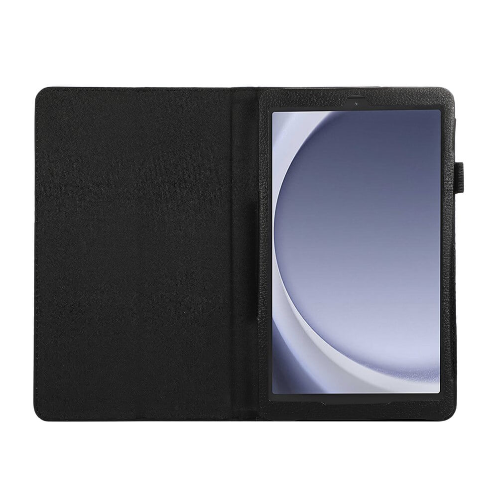 Ein schwarzes Tablet in einer offenen schwarzen Hülle mit abstraktem Hintergrund.