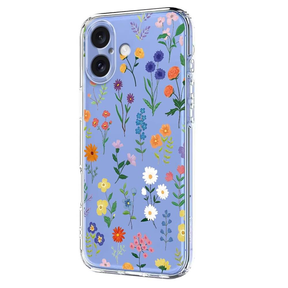 Coque de téléphone transparente avec fond bleu et motif floral.