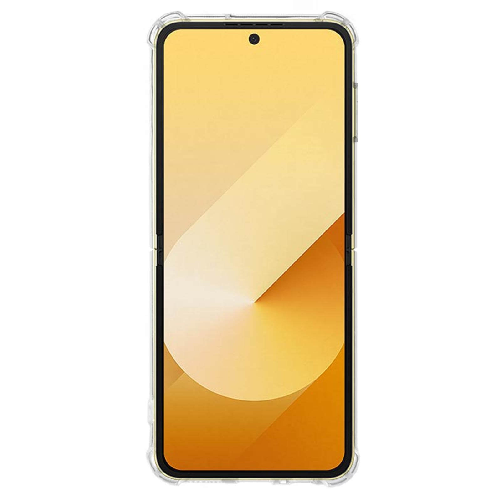 Una cover trasparente circonda uno smartphone con sfondo giallo.