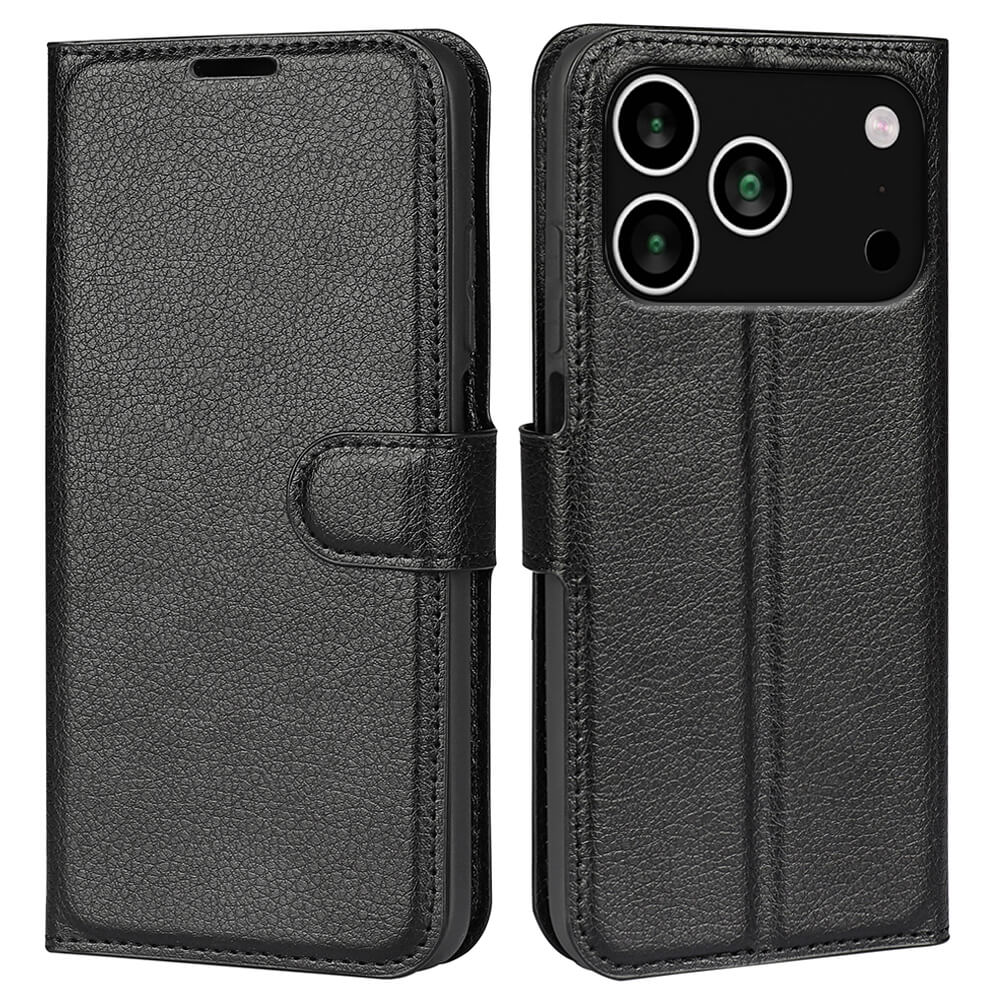 Coque de téléphone en cuir noir, fermée et ouverte, avec découpe caméra.