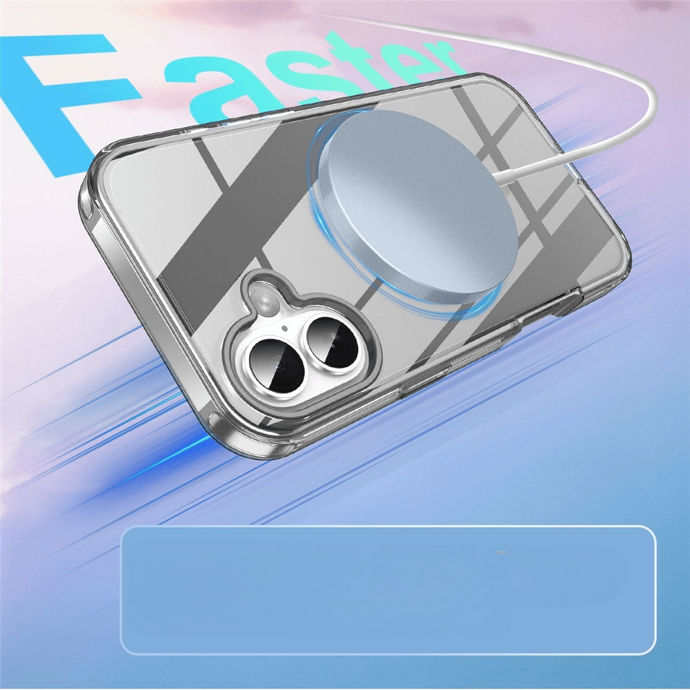 Une coque de téléphone transparente avec chargeur magnétique.