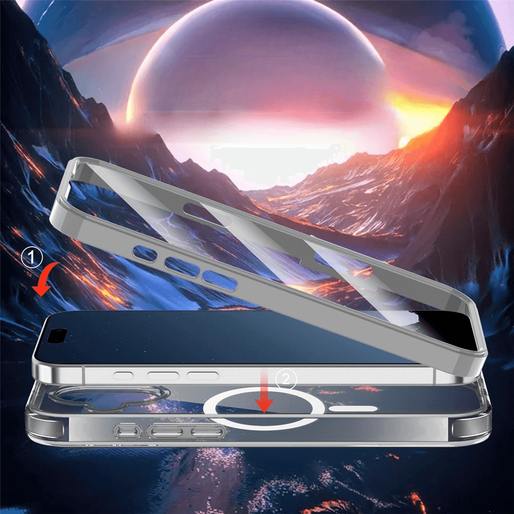 Coque de téléphone transparente sur smartphone avec fond de montagnes et planètes.