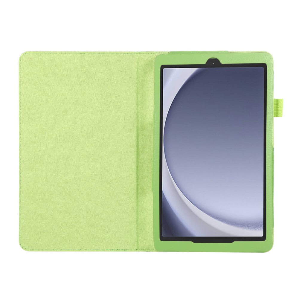 Ein hellgrünes Tablet mit geöffneter Hülle. Das Tablet zeigt eine abstrakte Grafik.