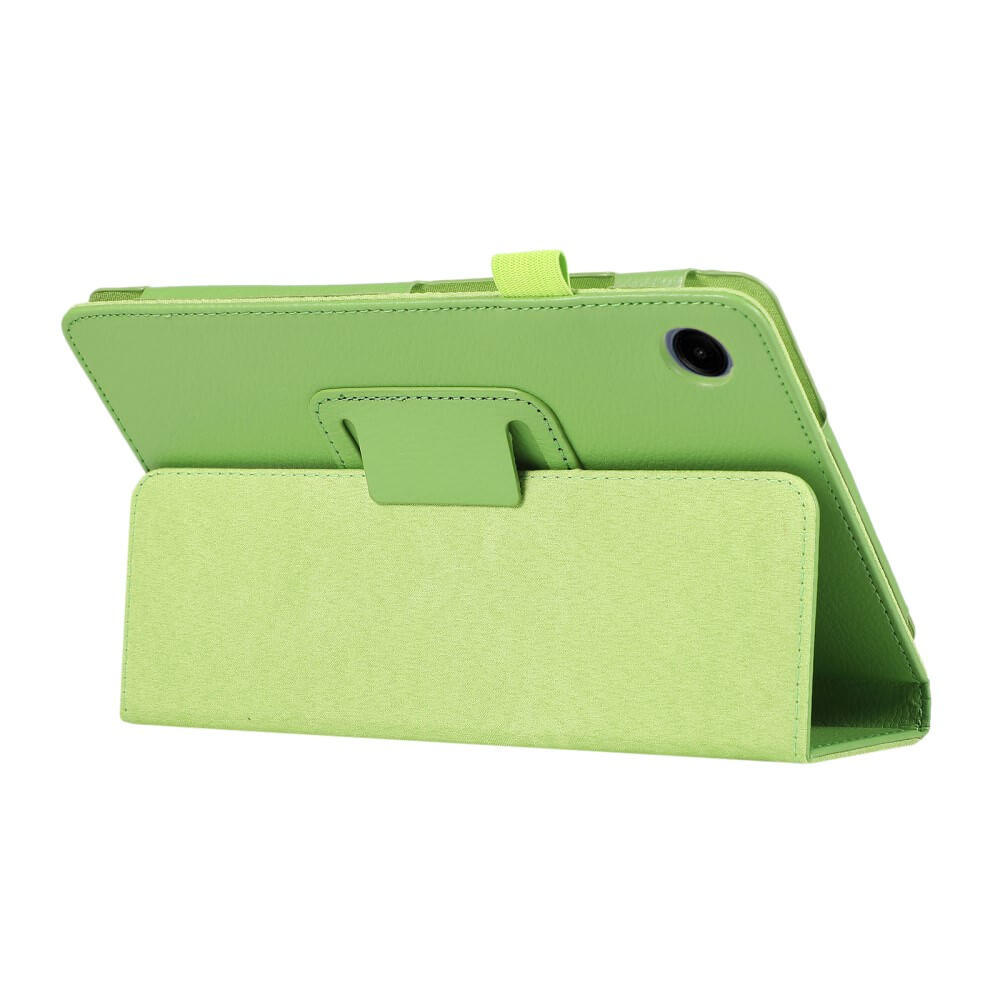 Ein hellgrünes Tablet-Etui mit Ständerfunktion, geöffnet und seitlich betrachtet.