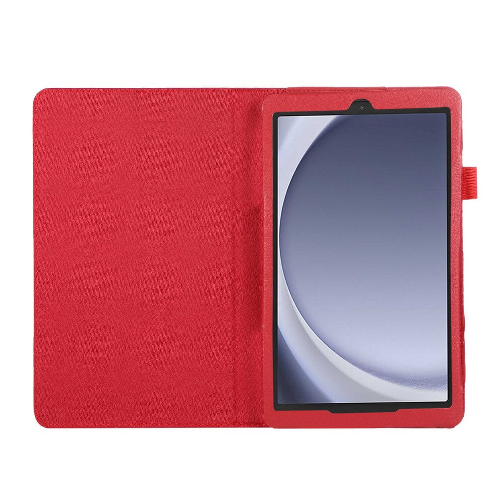 Rote Tablet-Hülle mit offenem Display, das ein abstraktes Muster zeigt.