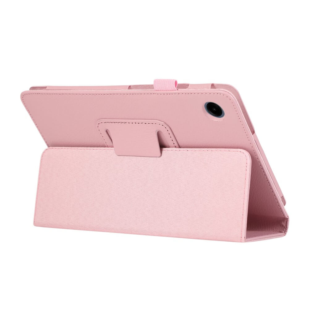 Ein rosafarbener Tablet-Ständer mit einer Kamera auf der Rückseite.