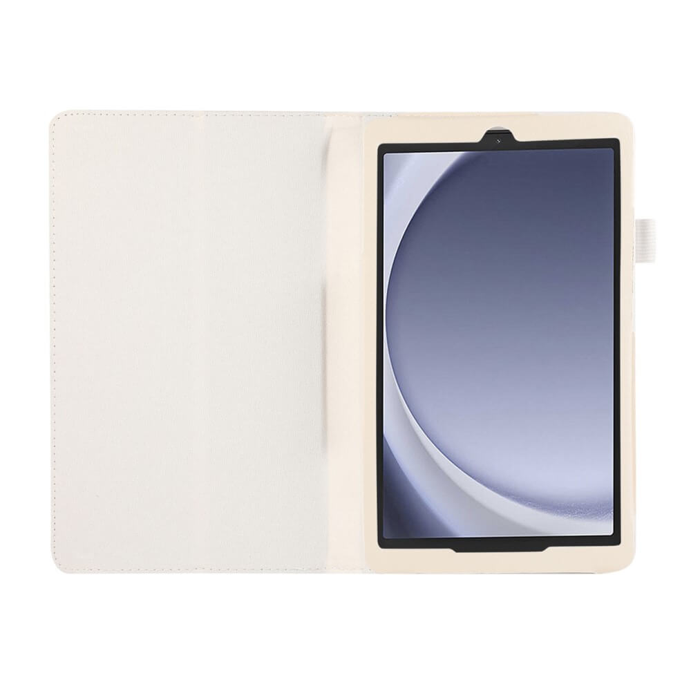 Ein offenes, cremefarbenes Tablet-Etui mit einem Tablet, das eine abstrakte Grafik anzeigt.