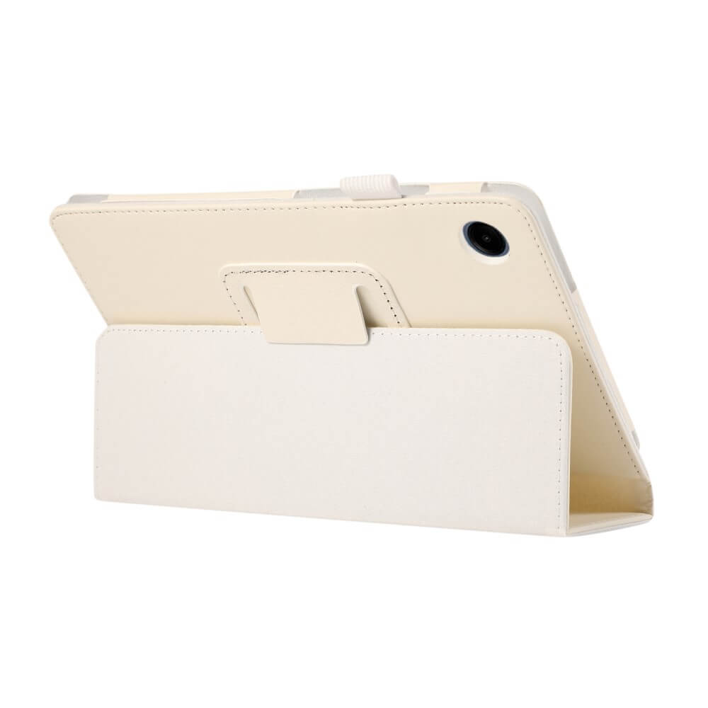 Ein cremefarbener Tablet-Ständer mit einer Kameraöffnung auf der Rückseite.