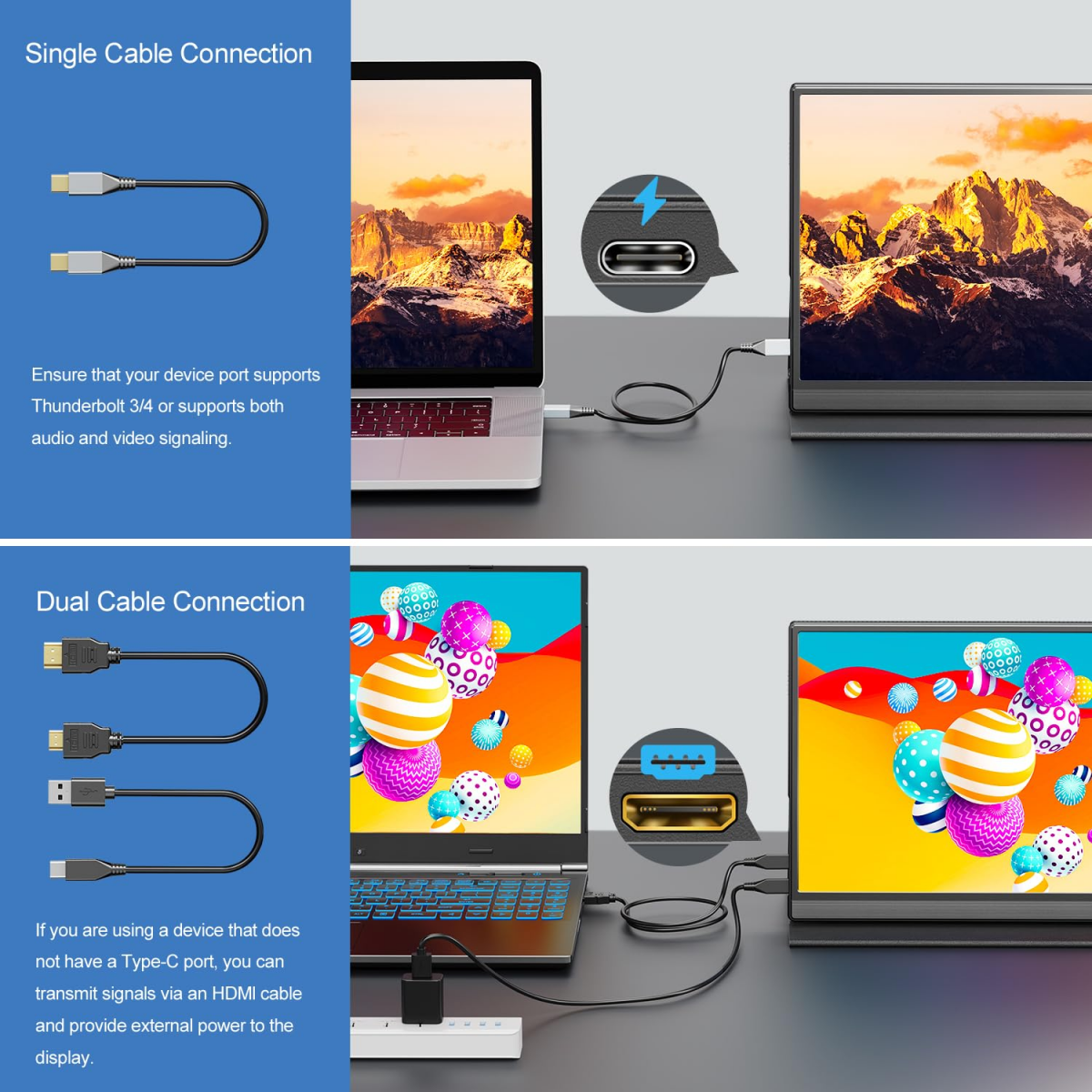 Diagramme zeigen Einzel- und Doppel-Kabelverbindungen für Laptops und Monitore.