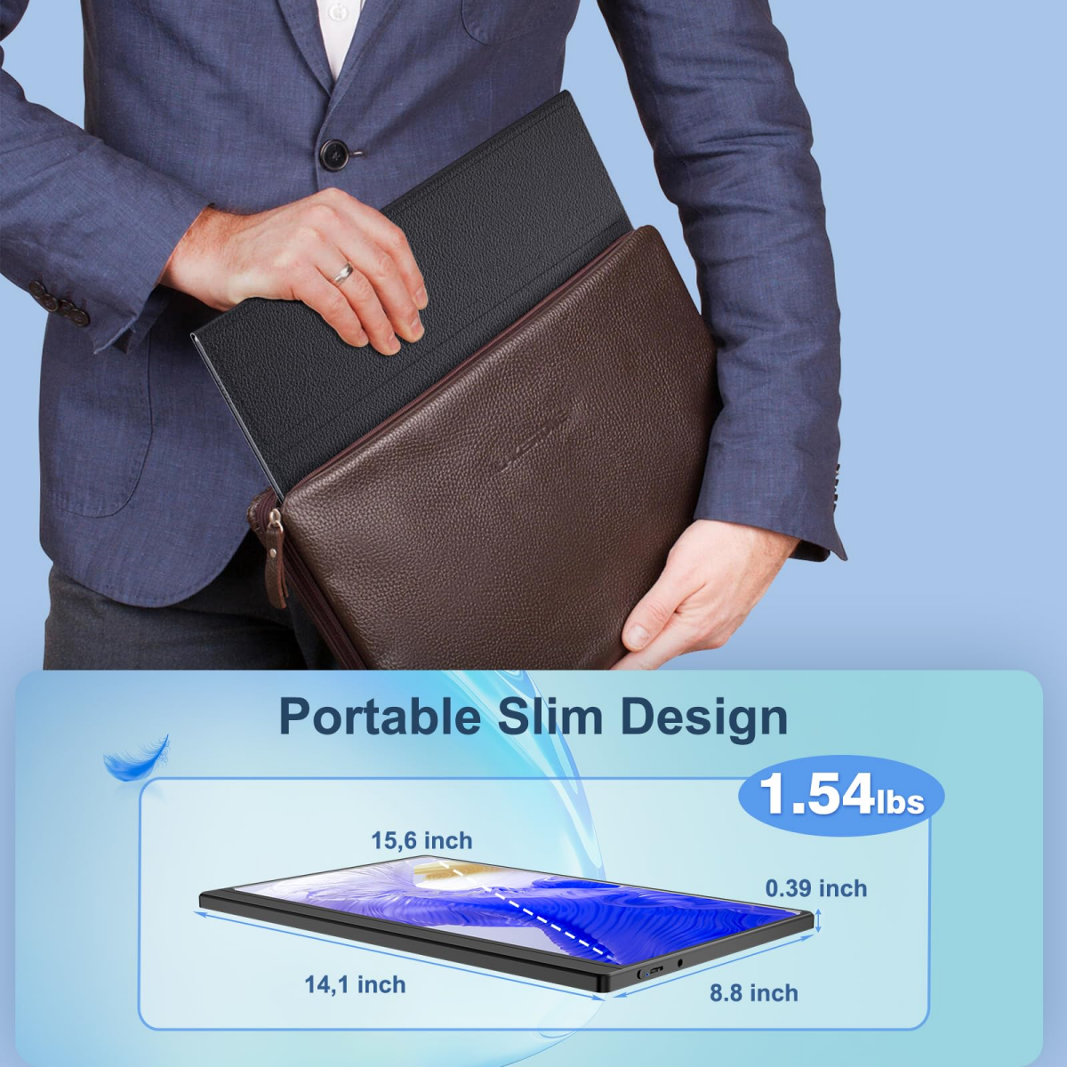 Mann mit Anzug hält eine braune Tasche und ein schwarzes Tablet. Maße werden angezeigt.