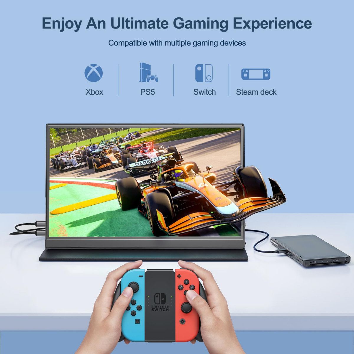 Hände halten rote und blaue Nintendo Switch Controller. Bildschirm zeigt F1-Autos.