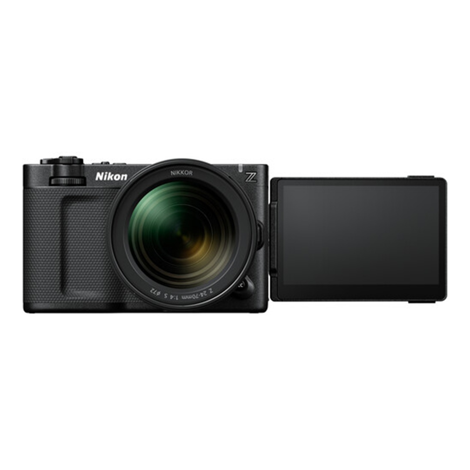 Fotocamera Nikon Z nera con obiettivo e schermo ribaltabile.