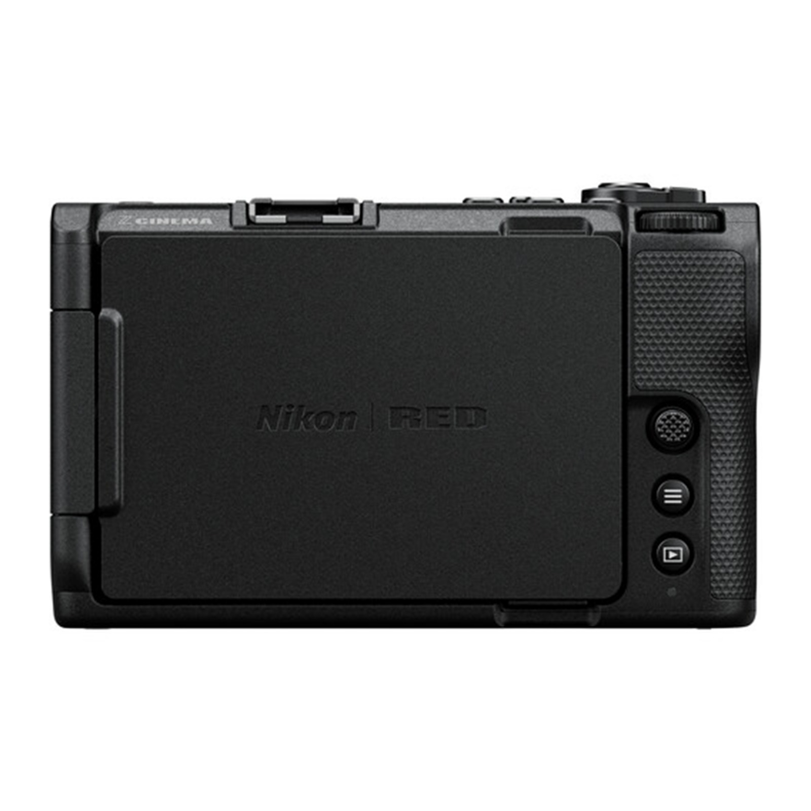 Vista posteriore di una fotocamera Nikon nera con "CINEMA" e "Nikon | RED".