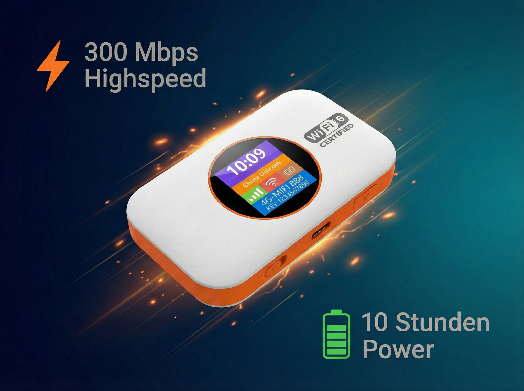 Ein weiß-oranges MiFi-Gerät mit WLAN 6, 300 Mbps Highspeed und 10 Stunden Akkulaufzeit.