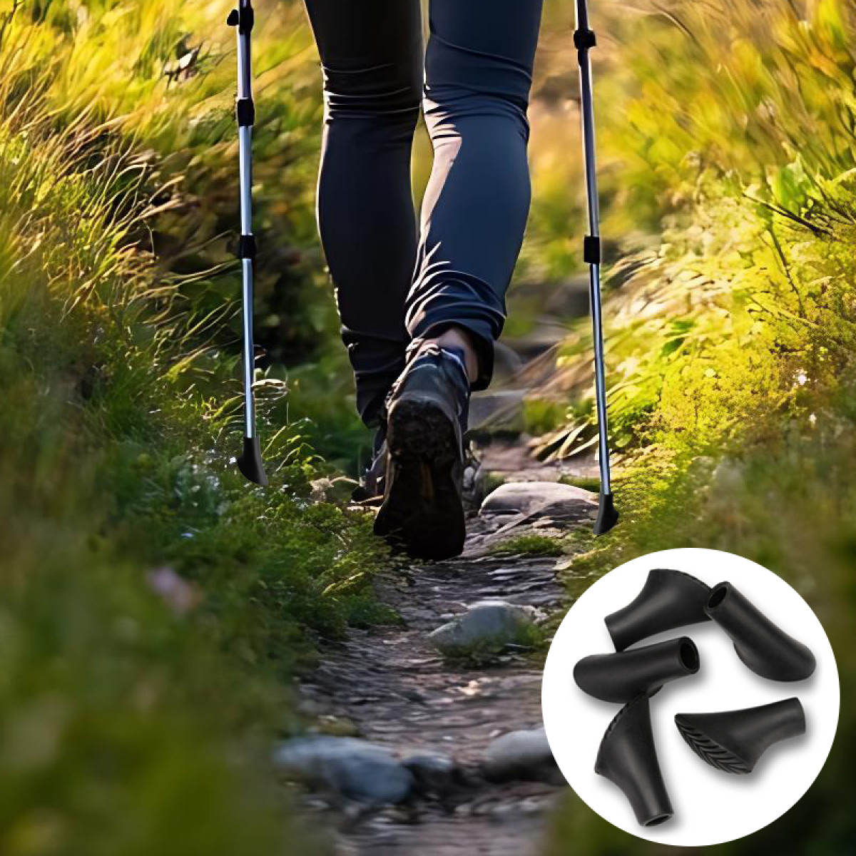 Turysta na kamienistym szlaku, zbliżenie kijków trekkingowych i gumowych końcówek.