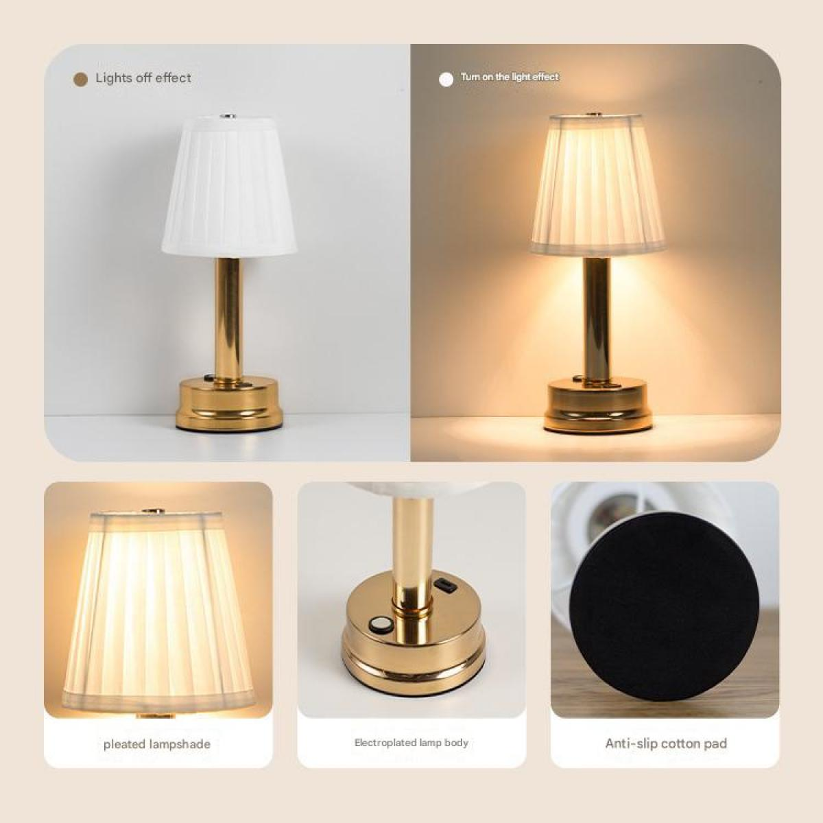 Goldene Tischlampe mit weißem Faltenlampenschirm, Licht an und aus.