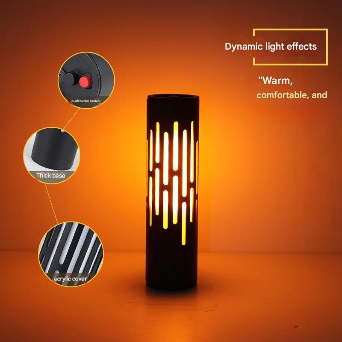 Schwarze Lampe mit Schlitzen, die warmes Licht abgeben. Mit Schalter.