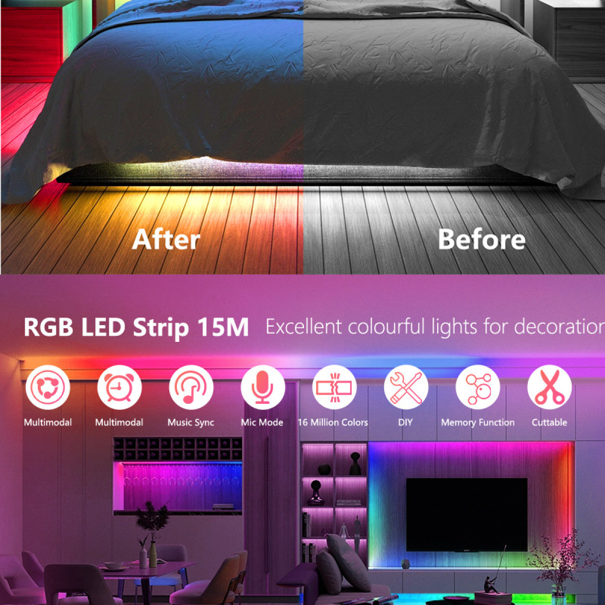 Vorher-Nachher-Bilder von RGB-LED-Streifen. Unten zeigt einen Raum mit Lichtern.