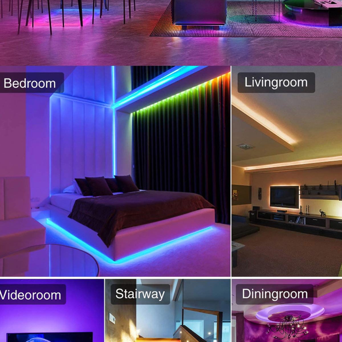 Beleuchtete Räume: Schlafzimmer, Wohnzimmer, Esszimmer, Videoraum, Treppenhaus.