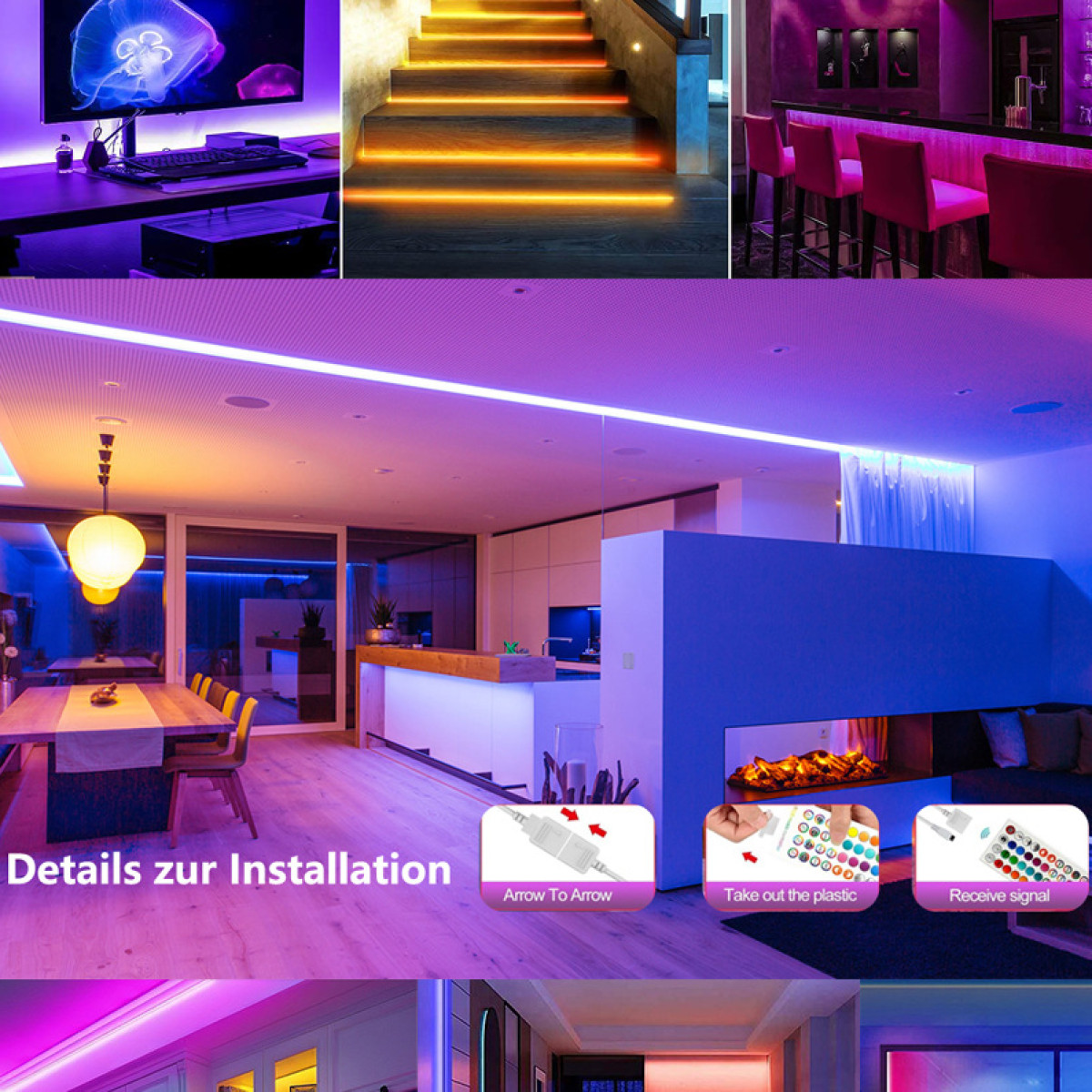 LED-Streifen beleuchten einen Schreibtisch, Treppen, eine Bar und ein Esszimmer.