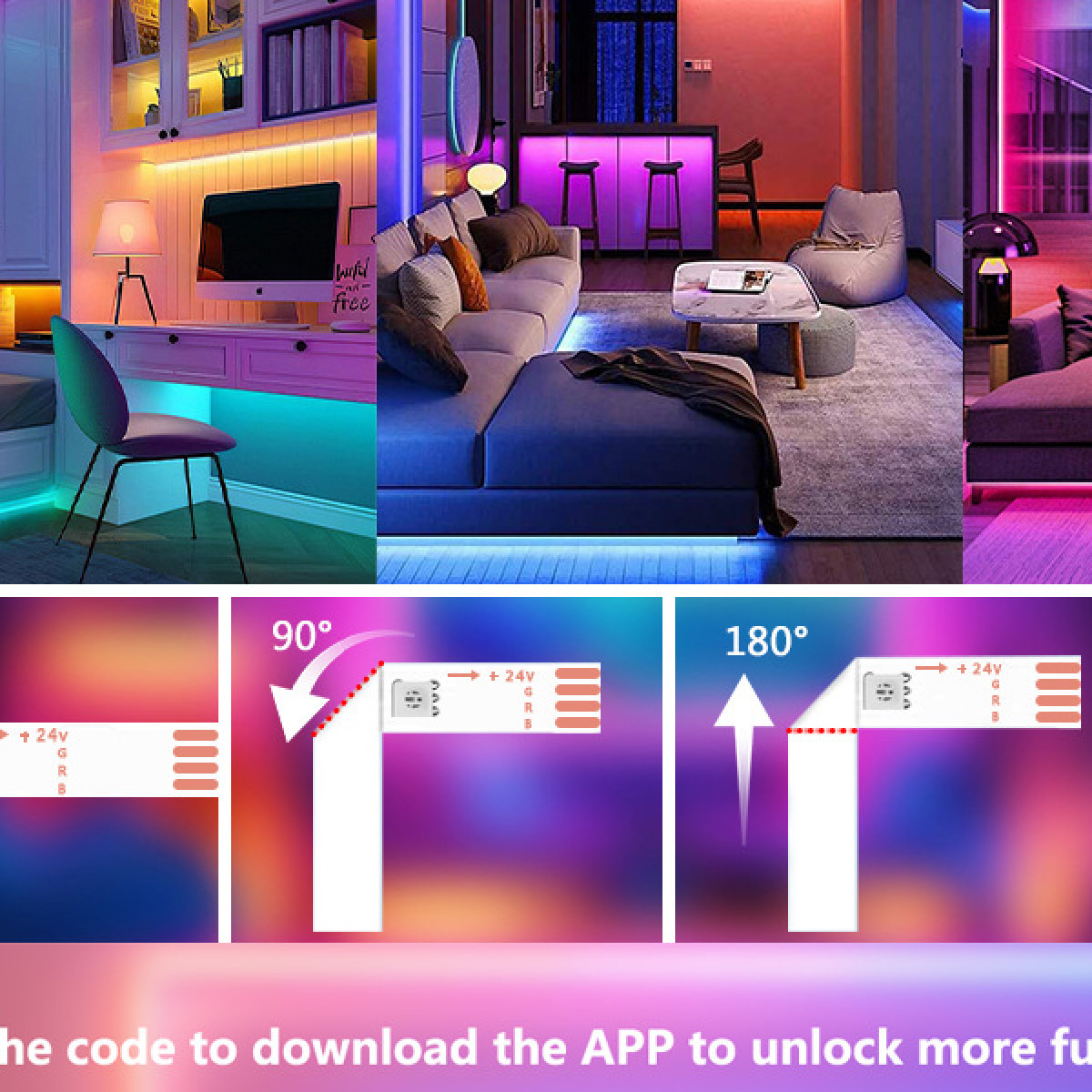 Bilder von modernen Räumen mit LED-Beleuchtung, Anschlussdiagrammen und App-Download-Hinweisen.