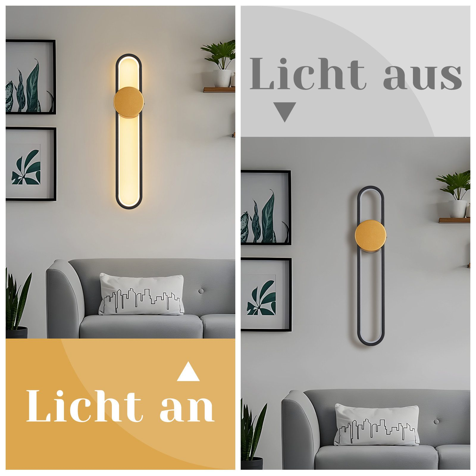 Lampada da parete moderna con accento dorato sopra divano grigio.