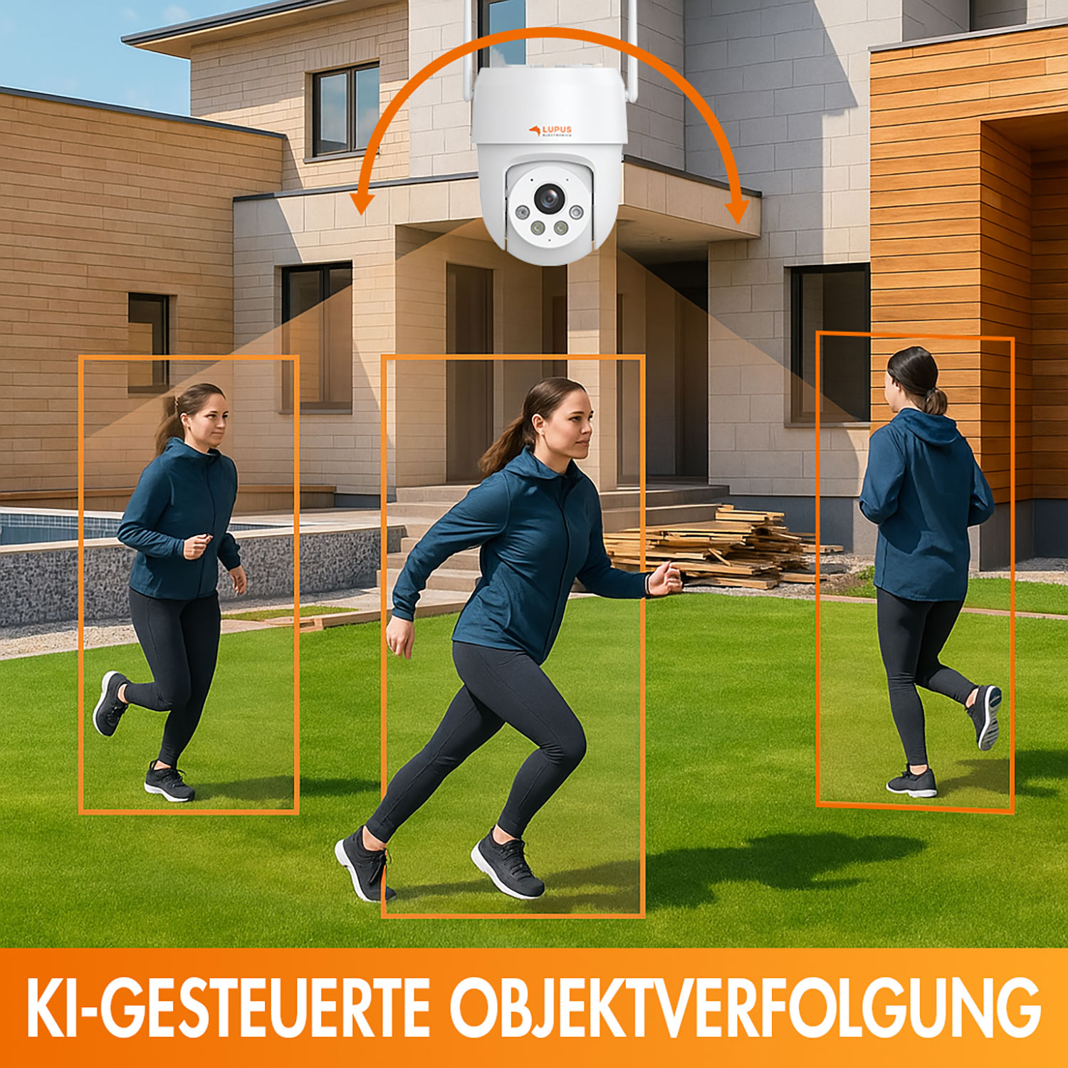 KI-Kamera verfolgt Frau beim Joggen auf grünem Rasen vor modernem Haus.