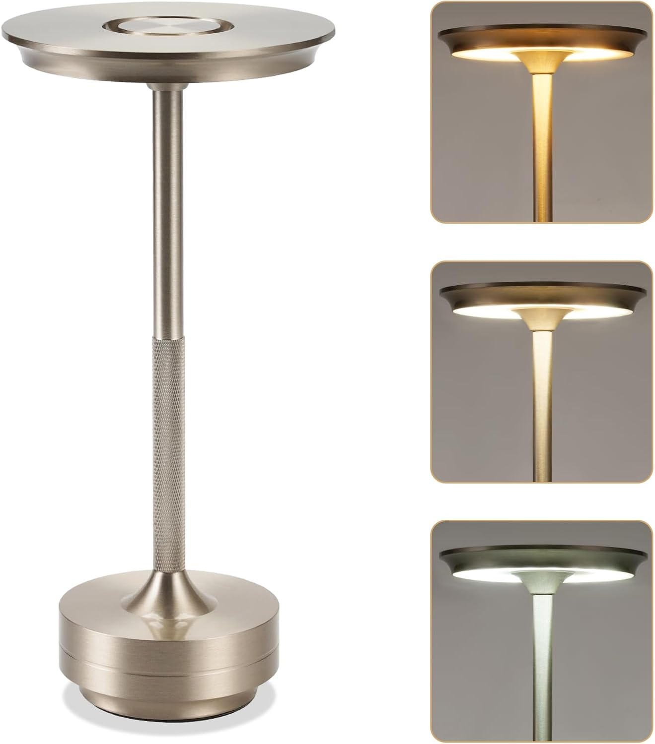 Lampada da scrivania moderna argentata con paralume rotondo e stelo sottile.