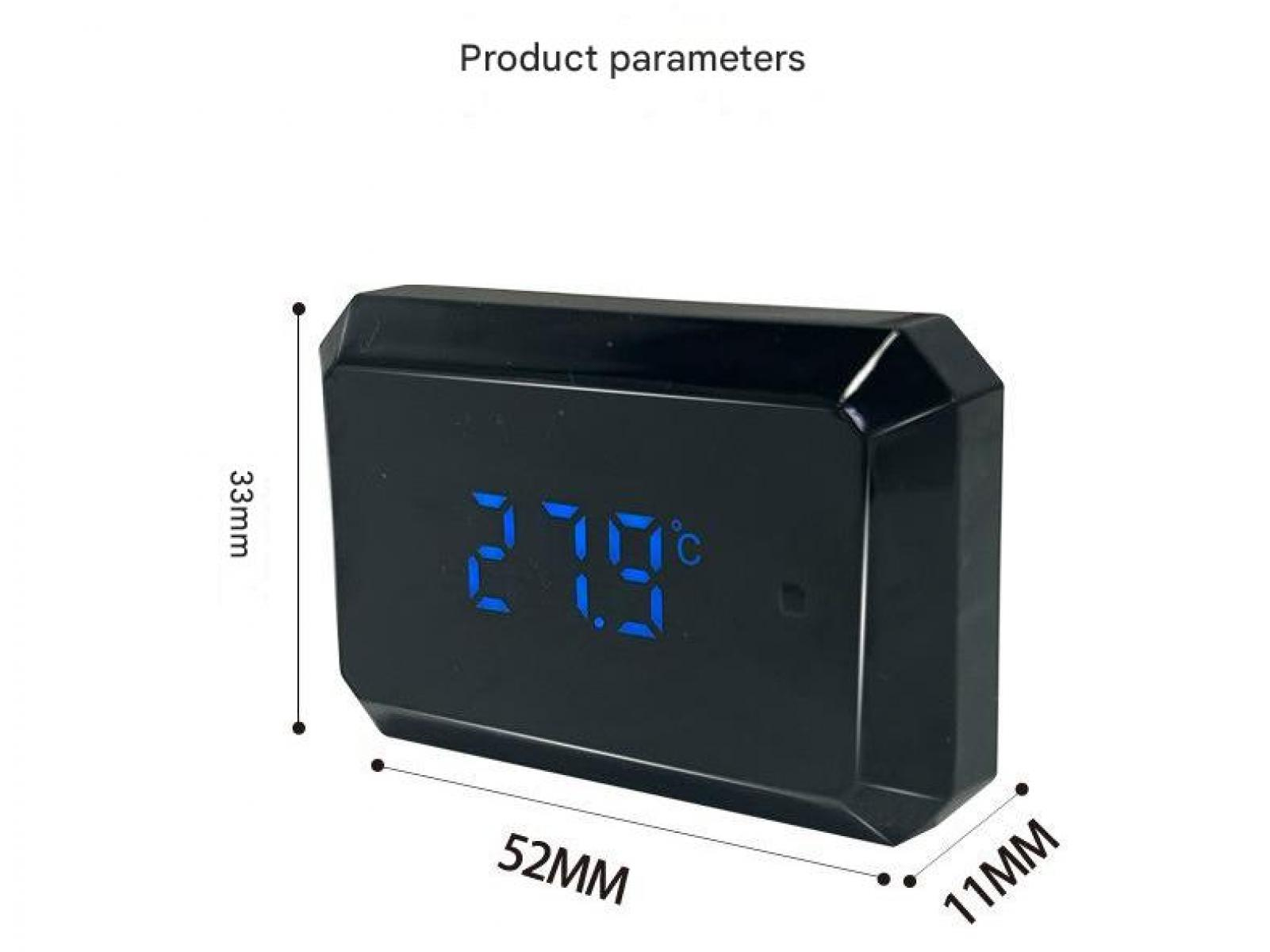 Schwarzes digitales Thermometer zeigt 27,9 Grad Celsius an.
