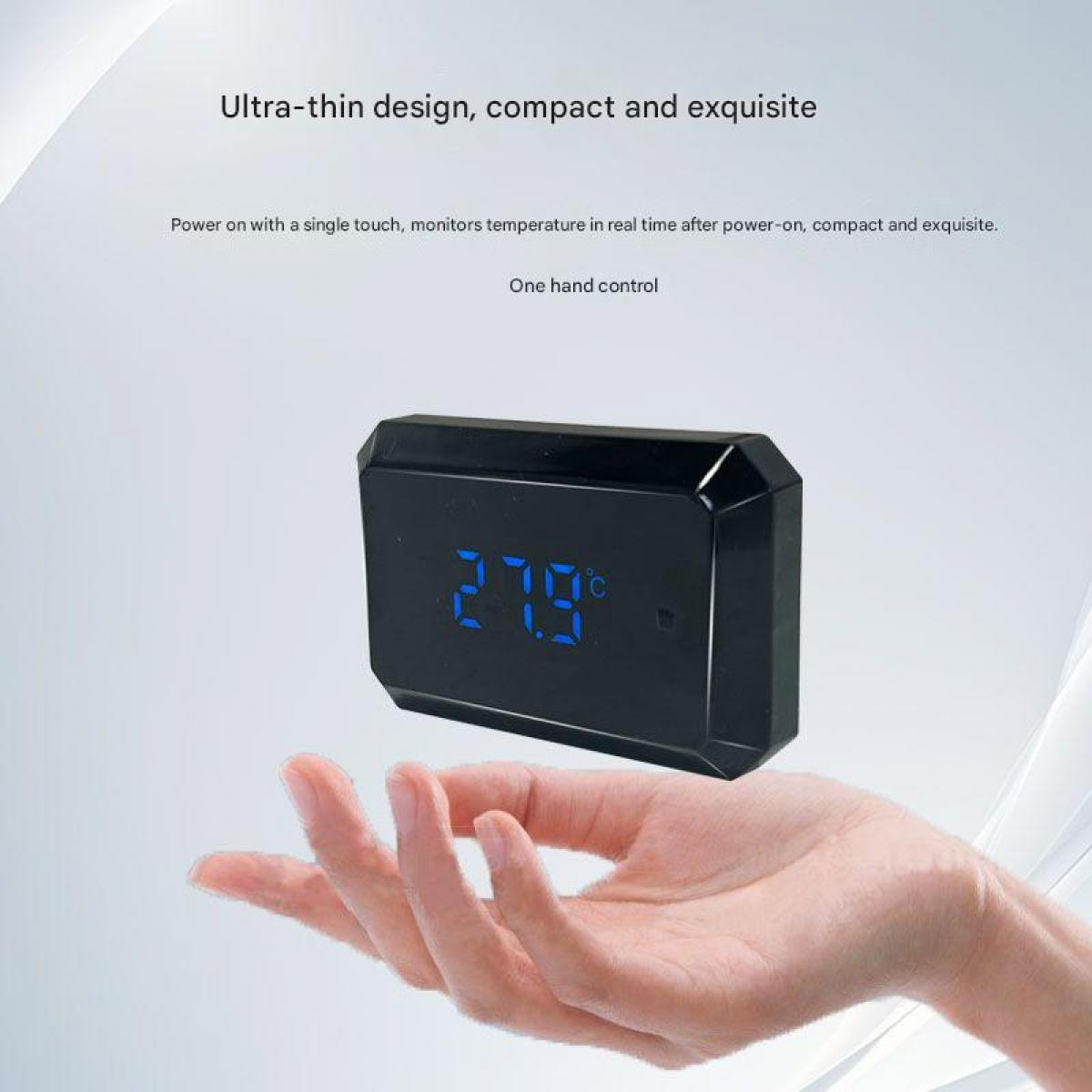 Ein schwarzes Gerät mit blauer Digitalanzeige 27.9° über einer geöffneten Hand.