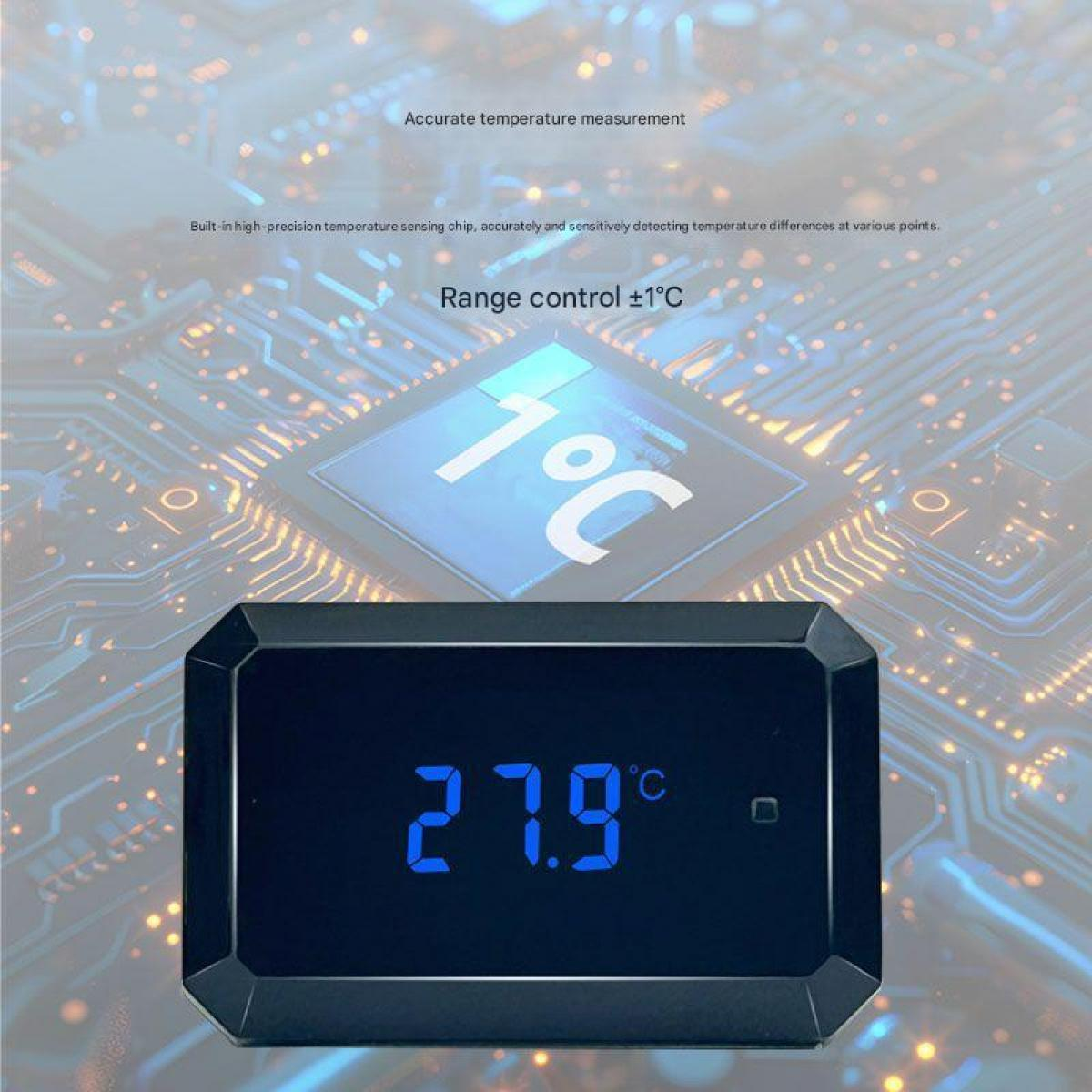Digitalthermometer zeigt 27,9°C an, mit Chip-Hintergrund.