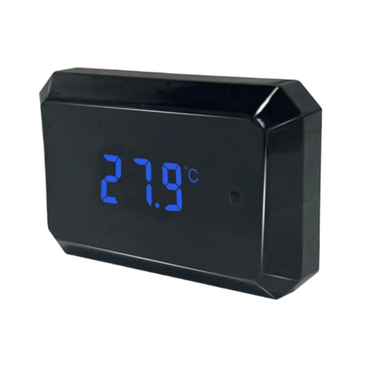 Ein schwarzer Digitalthermometer zeigt 27,9°C an.