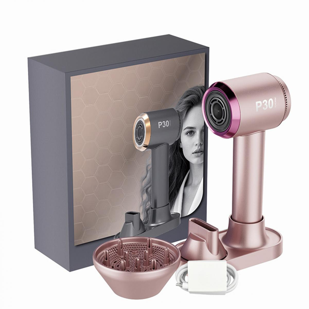 Roségoldener Haartrockner mit Karton, Diffusor, Ständer und Ladekabel.
