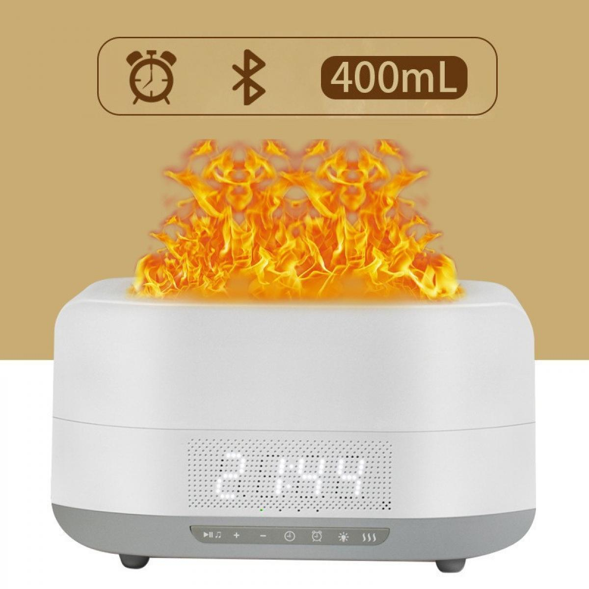 Ein weißer Diffusor mit Flammen-Effekt, 400ml, Alarm- und Bluetooth-Symbolen.